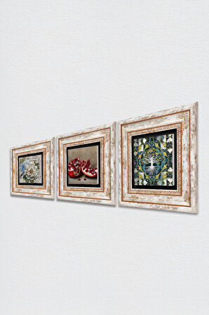 Hayat Ağacı, Kelebekli Çiçek, Nar Taş Duvar Tablosu Çerçeveli Duvar Dekoru 3 Parça Tablo Seti Wall Art