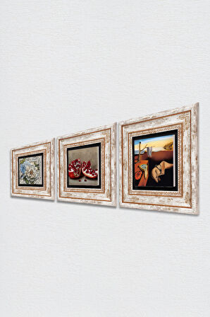 Salvador Dalí Belleğin Azmi, Kelebekli Çiçek, Nar Taş Duvar Tablosu Çerçeveli Duvar Dekoru 3 Parça Tablo Seti Wall Art