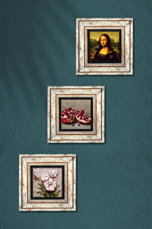 Leonardo da Vinci Mona Lisa, Kelebekli Çiçek, Nar Taş Duvar Tablosu Çerçeveli Duvar Dekoru 3 Parça Tablo Seti Wall Art