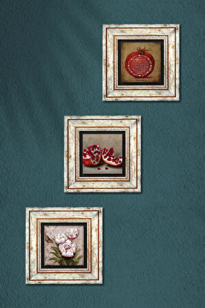 Bereket Duası, Kelebekli Çiçek, Nar Taş Duvar Tablosu Çerçeveli Duvar Dekoru 3 Parça Tablo Seti Wall Art