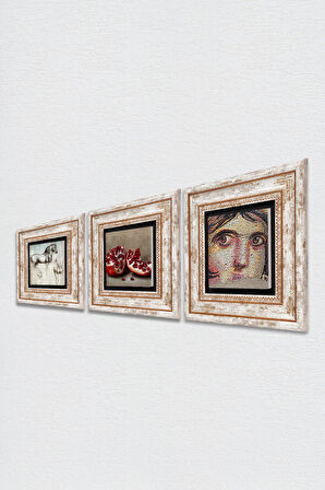 Çingene Kızı Mozaiği, Leonardo da Vinci At Heykeli, Nar Taş Duvar Tablosu Çerçeveli Duvar Dekoru 3 Parça Tablo Seti Wall Art