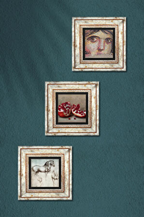 Çingene Kızı Mozaiği, Leonardo da Vinci At Heykeli, Nar Taş Duvar Tablosu Çerçeveli Duvar Dekoru 3 Parça Tablo Seti Wall Art