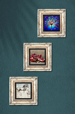 Hayat Ağacı, Leonardo da Vinci At Heykeli, Nar Taş Duvar Tablosu Çerçeveli Duvar Dekoru 3 Parça Tablo Seti Wall Art