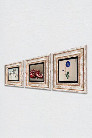 Ebru Sanatı, Leonardo da Vinci At Heykeli, Nar Taş Duvar Tablosu Çerçeveli Duvar Dekoru 3 Parça Tablo Seti Wall Art