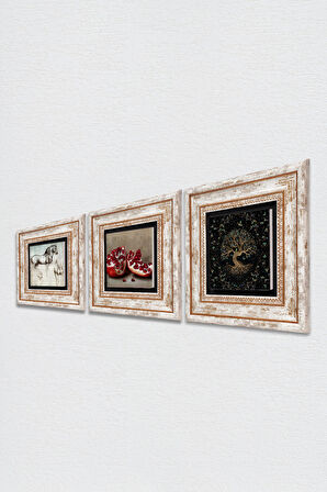 Hayat Ağacı, Leonardo da Vinci At Heykeli, Nar Taş Duvar Tablosu Çerçeveli Duvar Dekoru 3 Parça Tablo Seti Wall Art