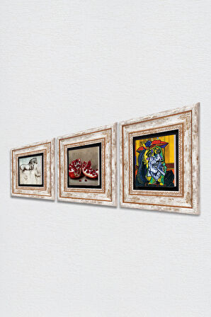 Picasso Ağlayan Kadın, Leonardo da Vinci At Heykeli, Nar Taş Duvar Tablosu Çerçeveli Duvar Dekoru 3 Parça Tablo Seti Wall Art