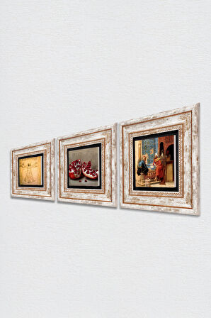 Satranç Oyunu, Leonardo da Vinci Vitruvius Adamı, Nar Taş Duvar Tablosu Çerçeveli Duvar Dekoru 3 Parça Tablo Seti Wall Art