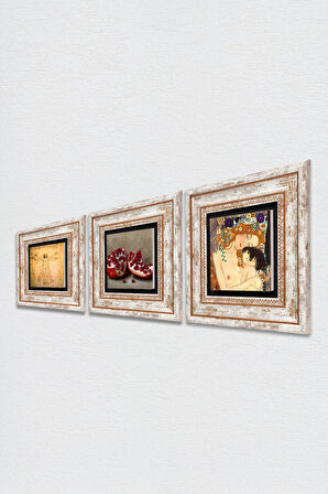 Gustav Klimt Anne Çocuk, Da Vinci Vitruvius Adamı, Nar Taş Duvar Tablosu Çerçeveli Duvar Dekoru 3 Parça Tablo Seti Wall Art