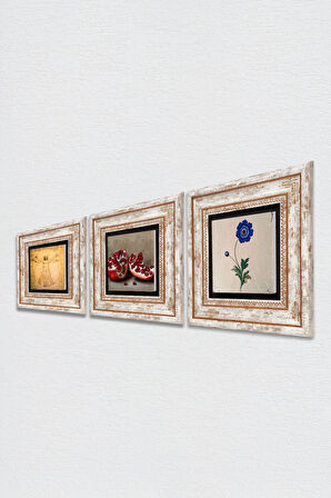 Ebru Sanatı, Leonardo da Vinci Vitruvius Adamı, Nar Taş Duvar Tablosu Çerçeveli Duvar Dekoru 3 Parça Tablo Seti Wall Art