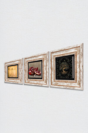 Hayat Ağacı, Leonardo da Vinci Vitruvius Adamı, Nar Taş Duvar Tablosu Çerçeveli Duvar Dekoru 3 Parça Tablo Seti Wall Art