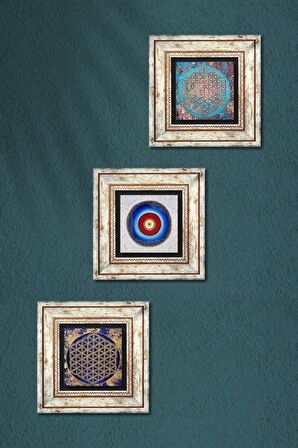 Nazar, Yaşam Çiçeği Taş Duvar Tablosu Çerçeveli Duvar Dekoru 3 Parça Tablo Seti Wall Art