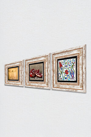 Çini Sanatı Lale, Leonardo da Vinci Vitruvius Adamı, Nar Taş Duvar Tablosu Çerçeveli Duvar Dekoru 3 Parça Tablo Seti Wall Art