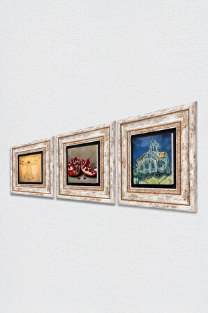 Van Gogh Kilise, Leonardo da Vinci Vitruvius Adamı, Nar Taş Duvar Tablosu Çerçeveli Duvar Dekoru 3 Parça Tablo Seti Wall Art
