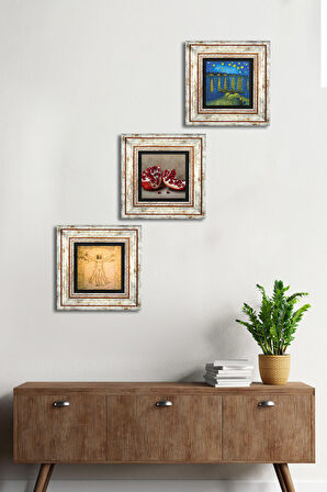 Van Gogh, Leonardo da Vinci, Nar Taş Duvar Tablosu Çerçeveli Duvar Dekoru 3 Parça Tablo Seti Wall Art