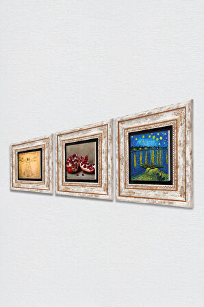 Van Gogh, Leonardo da Vinci, Nar Taş Duvar Tablosu Çerçeveli Duvar Dekoru 3 Parça Tablo Seti Wall Art