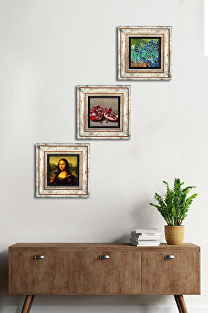 Van Gogh İrisler, Leonardo da Vinci Mona Lisa, Nar Taş Duvar Tablosu Çerçeveli Duvar Dekoru 3 Parça Tablo Seti Wall Art