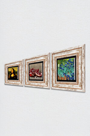 Van Gogh İrisler, Leonardo da Vinci Mona Lisa, Nar Taş Duvar Tablosu Çerçeveli Duvar Dekoru 3 Parça Tablo Seti Wall Art