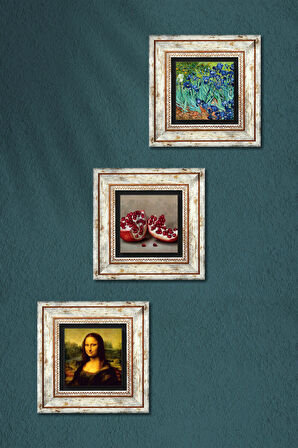 Van Gogh İrisler, Leonardo da Vinci Mona Lisa, Nar Taş Duvar Tablosu Çerçeveli Duvar Dekoru 3 Parça Tablo Seti Wall Art