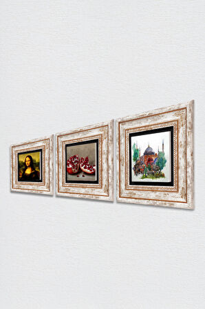 İstanbul Ayasofya, Leonardo da Vinci Mona Lisa, Nar Taş Duvar Tablosu Çerçeveli Duvar Dekoru 3 Parça Tablo Seti Wall Art