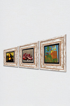 Van Gogh Yatak Odası, Leonardo da Vinci Mona Lisa, Nar Taş Duvar Tablosu Çerçeveli Duvar Dekoru 3 Parça Tablo Seti Wall Art