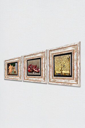 Gustav Klimt Hayat Ağacı, İki Müzisyen Kız Tablosu, Nar Taş Duvar Tablosu Çerçeveli Duvar Dekoru 3 Parça Tablo Seti Wall Art