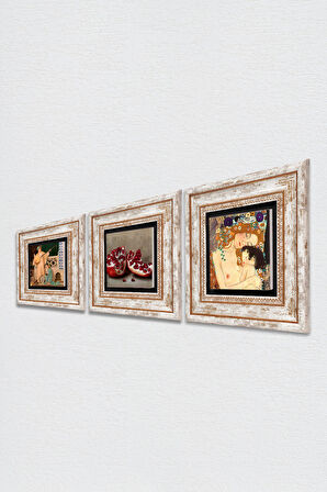 Gustav Klimt Anne Çocuk, İki Müzisyen Kız Tablosu, Nar Taş Duvar Tablosu Çerçeveli Duvar Dekoru 3 Parça Tablo Seti Wall Art