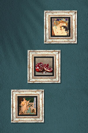 Gustav Klimt Anne Çocuk, İki Müzisyen Kız Tablosu, Nar Taş Duvar Tablosu Çerçeveli Duvar Dekoru 3 Parça Tablo Seti Wall Art