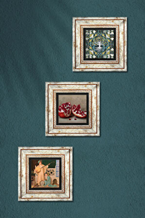 Hayat Ağacı, İki Müzisyen Kız Tablosu, Nar Taş Duvar Tablosu Çerçeveli Duvar Dekoru 3 Parça Tablo Seti Wall Art