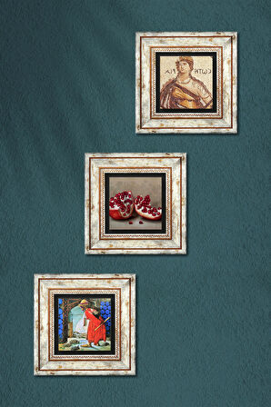 Soteria Mozaiği, Kaplumbağa Terbiyecisi, Nar Taş Duvar Tablosu Çerçeveli Duvar Dekoru 3 Parça Tablo Seti Wall Art