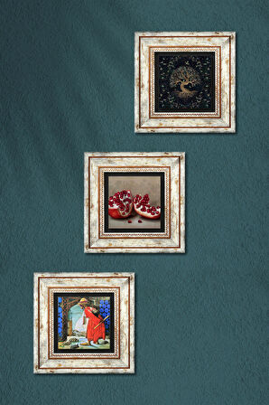 Hayat Ağacı, Kaplumbağa Terbiyecisi, Nar Taş Duvar Tablosu Çerçeveli Duvar Dekoru 3 Parça Tablo Seti Wall Art