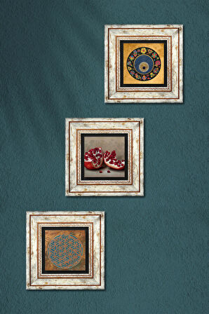 Yaşam Çiçeği, Nazar Boncuğu, Nar Taş Duvar Tablosu Çerçeveli Duvar Dekoru 3 Parça Tablo Seti Wall Art
