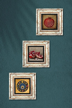 Nazar Boncuğu, Bereket Duası, Nar Taş Duvar Tablosu Çerçeveli Duvar Dekoru 3 Parça Tablo Seti Wall Art