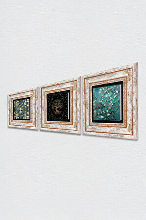 Hayat Ağacı, Van Gogh Badem Ağacı Taş Duvar Tablosu Çerçeveli Duvar Dekoru 3 Parça Tablo Seti Wall Art
