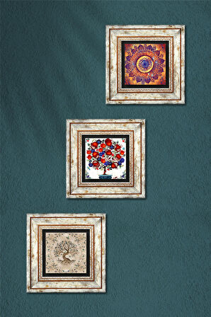 Mandala, Hayat Ağacı, Nar Ağacı Taş Duvar Tablosu Çerçeveli Duvar Dekoru 3 Parça Tablo Seti Wall Art