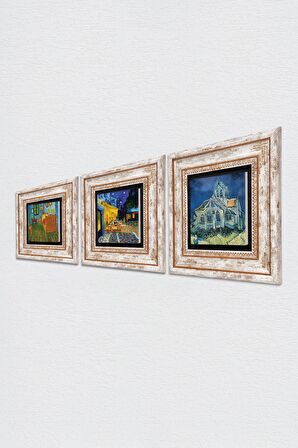 Van Gogh Kilise, Yatak Odası, Kafe Terasta Gece Taş Duvar Tablosu Çerçeveli Duvar Dekoru 3 Parça Tablo Seti Wall Art