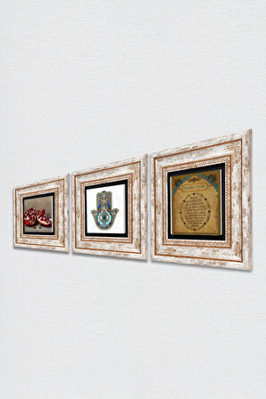 Bereket Duası, Nar, Fatma Ana Eli (Hamsa) Taş Duvar Tablosu Çerçeveli Duvar Dekoru 3 Parça Tablo Seti Wall Art