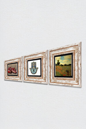 Claude Monet Gelincikler, Nar, Fatma Ana Eli (Hamsa) Taş Duvar Tablosu Çerçeveli Duvar Dekoru 3 Parça Tablo Seti Wall Art