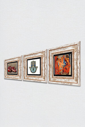Picasso Avignonlu Kızlar, Nar, Fatma Ana Eli (Hamsa) Taş Duvar Tablosu Çerçeveli Duvar Dekoru 3 Parça Tablo Seti Wall Art
