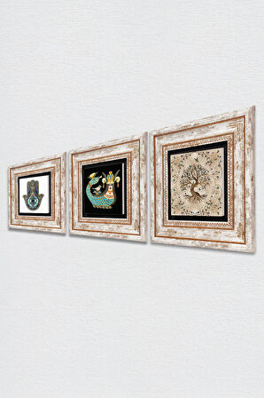 Şahmeran, Hayat Ağacı, Fatma Ana Eli (Hamsa) Taş Duvar Tablosu Çerçeveli Duvar Dekoru 3 Parça Tablo Seti Wall Art