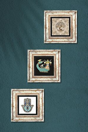 Şahmeran, Hayat Ağacı, Fatma Ana Eli (Hamsa) Taş Duvar Tablosu Çerçeveli Duvar Dekoru 3 Parça Tablo Seti Wall Art