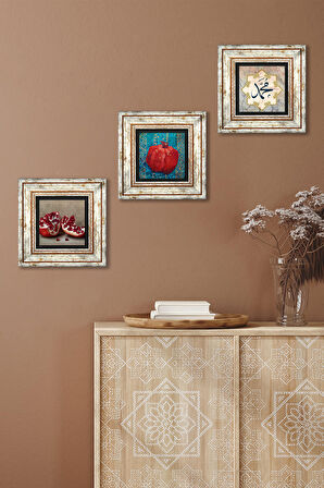 Hz. Muhammed Lafzı, Nar Taş Duvar Tablosu Çerçeveli Duvar Dekoru 3 Parça Tablo Seti Wall Art