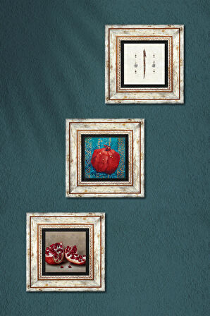 Elif, Nar Taş Duvar Tablosu Çerçeveli Duvar Dekoru 3 Parça Tablo Seti Wall Art