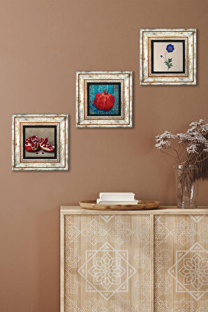 Ebru Sanatı, Nar Taş Duvar Tablosu Çerçeveli Duvar Dekoru 3 Parça Tablo Seti Wall Art