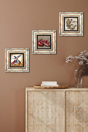 Kelebekli Çiçek, Semazen, Nar Taş Duvar Tablosu Çerçeveli Duvar Dekoru 3 Parça Tablo Seti Wall Art