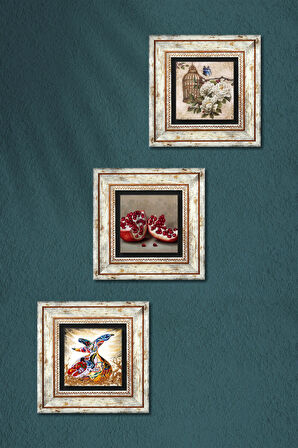 Kelebekli Çiçek, Semazen, Nar Taş Duvar Tablosu Çerçeveli Duvar Dekoru 3 Parça Tablo Seti Wall Art