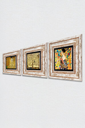 Gustav Klimt Yelpazeli Kadın, Bauer Portre, Hayat Ağacı Taş Duvar Tablosu Çerçeveli Duvar Dekoru 3 Parça Tablo Seti Wall Art