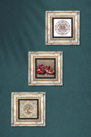 Sri Yantra, Hayat Ağacı, Nar Taş Duvar Tablosu Çerçeveli Duvar Dekoru 3 Parça Tablo Seti Wall Art