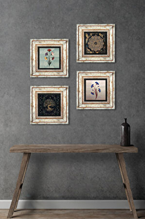 Ebru Sanatı, Sri Yantra, Hayat Ağacı Taş Duvar Tablosu Çerçeveli Duvar Dekoru 4 Parça Tablo Seti Wall Art