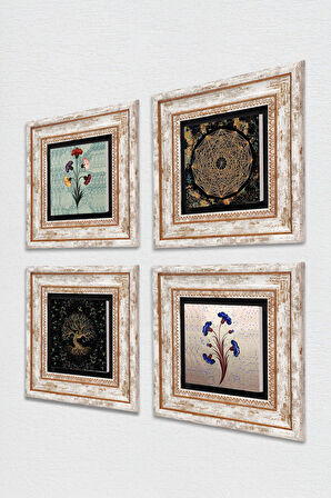 Ebru Sanatı, Sri Yantra, Hayat Ağacı Taş Duvar Tablosu Çerçeveli Duvar Dekoru 4 Parça Tablo Seti Wall Art