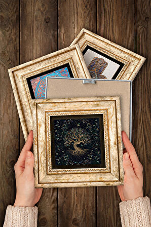 Ebru Sanatı, Sri Yantra, Hayat Ağacı Taş Duvar Tablosu Çerçeveli Duvar Dekoru 4 Parça Tablo Seti Wall Art